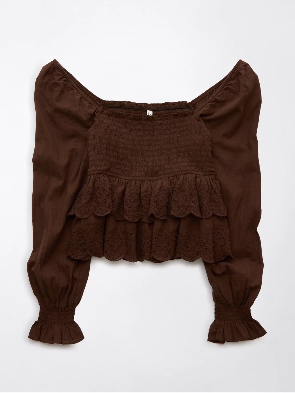 American Eagle Outfitters Chocolate Brown Smocked Eyelet Peasant Top